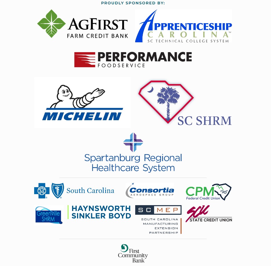 Employer Summit Sponsor logos: AgFirst, Apprenticeship Carolina, Performance Foodservice, Michelin, SC SHRM, Spartanburg Regional Healthcare System, BlueCross BlueShield, Consortia, CPM Federal, Greenville SHRM, Hanysworth Sinkler Boyd, SCMEP, State Credit Union, and First community bank logos.