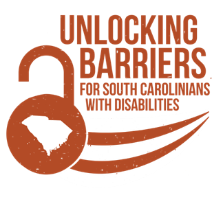 Orange with unlocked lock with state of SC as keyhole and text that reads, 'Unlocking Barriers for South Carolinians with Disabilities.'