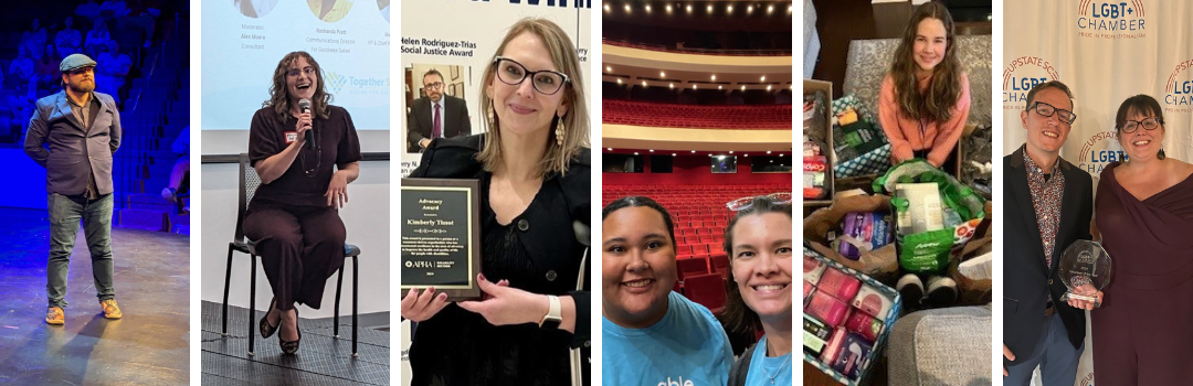 Collage image of Able SC's Holden speaking on stage, Mary Alex speaking in a panel, Kimbery Tissot holding her award, Corrine and Mary at an assessment of a theater, Brooklyn, a youth who donated items, and Troy and Sandy with Troy's award.