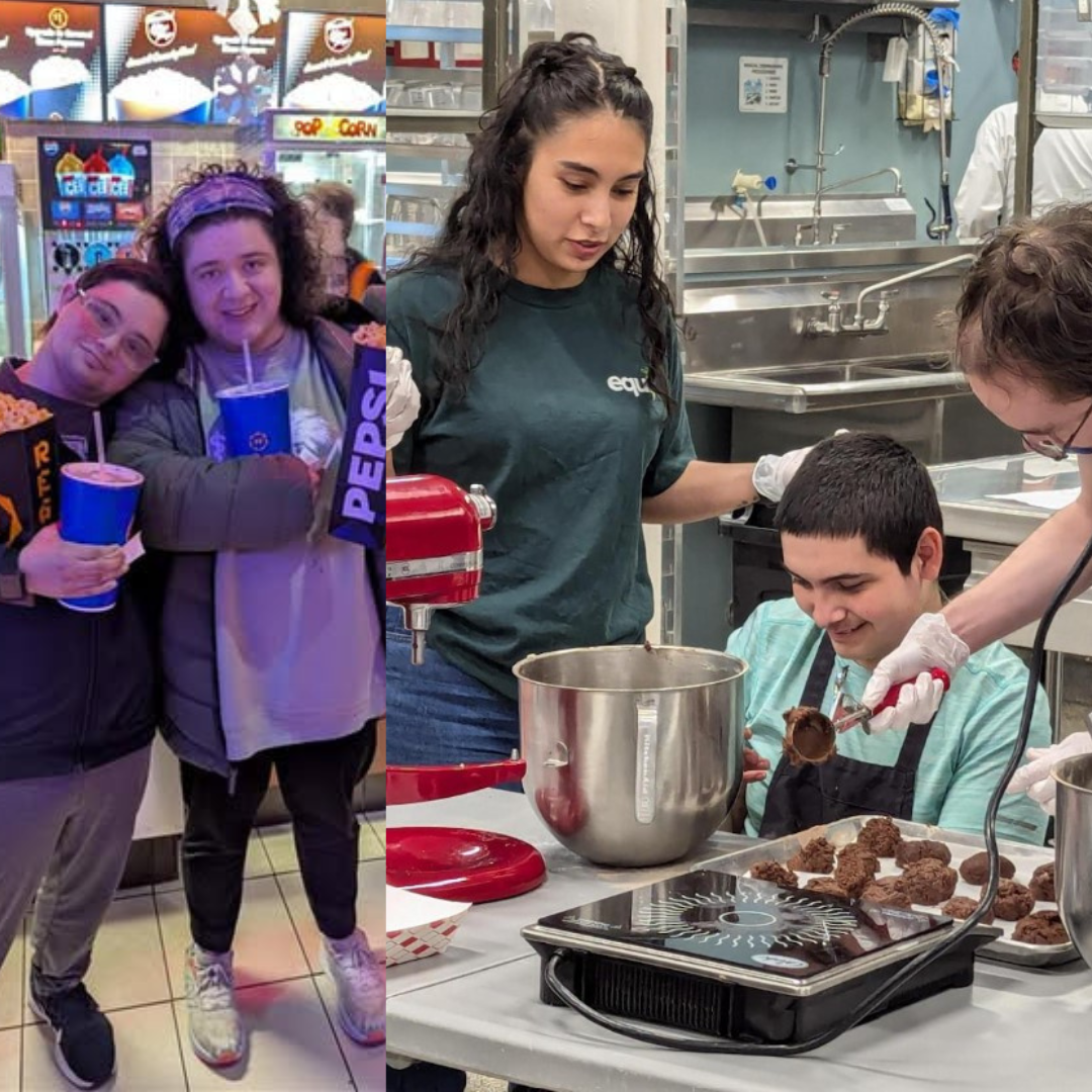 Collage image of youth with disabilities at the movies and in a cooking class.