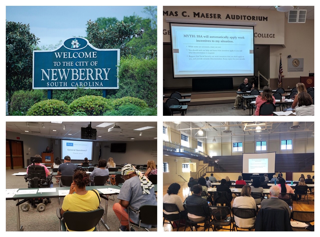 photo collage: the welcome to newberry sign, and three photos from past workshop presentations