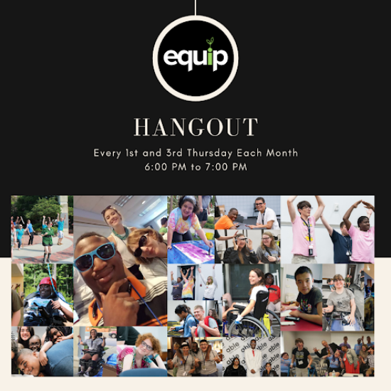 Black background with a collage of photos underneath. The black background has the Equip logo at the top, which is the word equip surrounded by a white circle. HANGOUT in capital letters is under the logo, along with the text: 