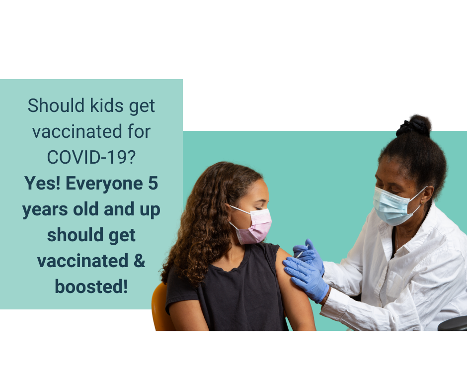 Light blue colored box with a quote inside that reads, 'Should kids get vaccinated for COVID-19? Yes! Everyone 5 years old and up should get vaccinated and boosted!' Picture to the right of a young child with brown skin and long curly hair receiving their vaccine while wearing a facemask. Person giving the vaccine is a Black woman with hair pulled in a bun, wearing a facemask, white lab coat, and purple gloves.