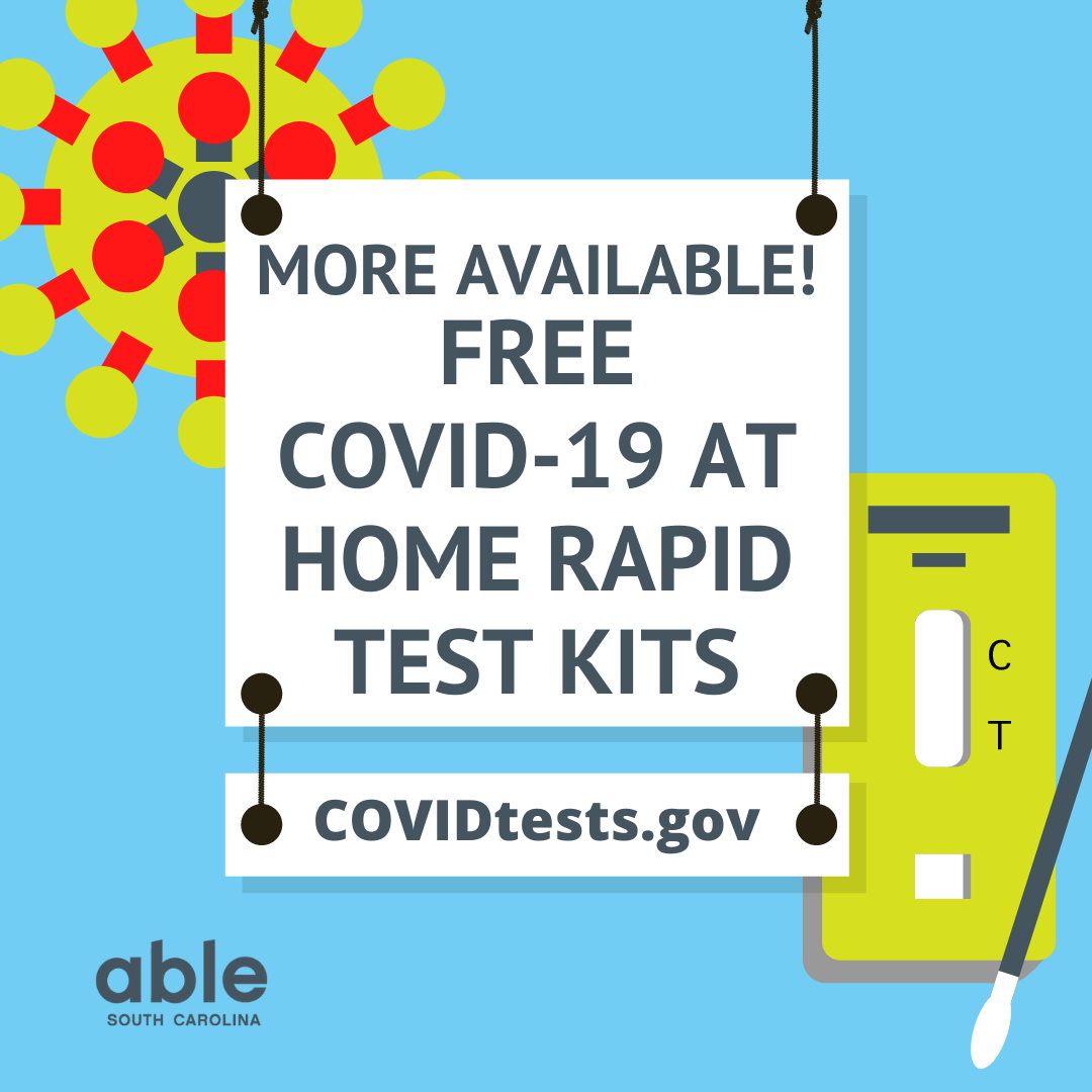 Graphic with light blue background and illustrations of virus spike protein and at home COVID test. White sign with dark text in front reads, 'More Available! Free COVID-19 at home rapid test kits, COVIDtests.gov.