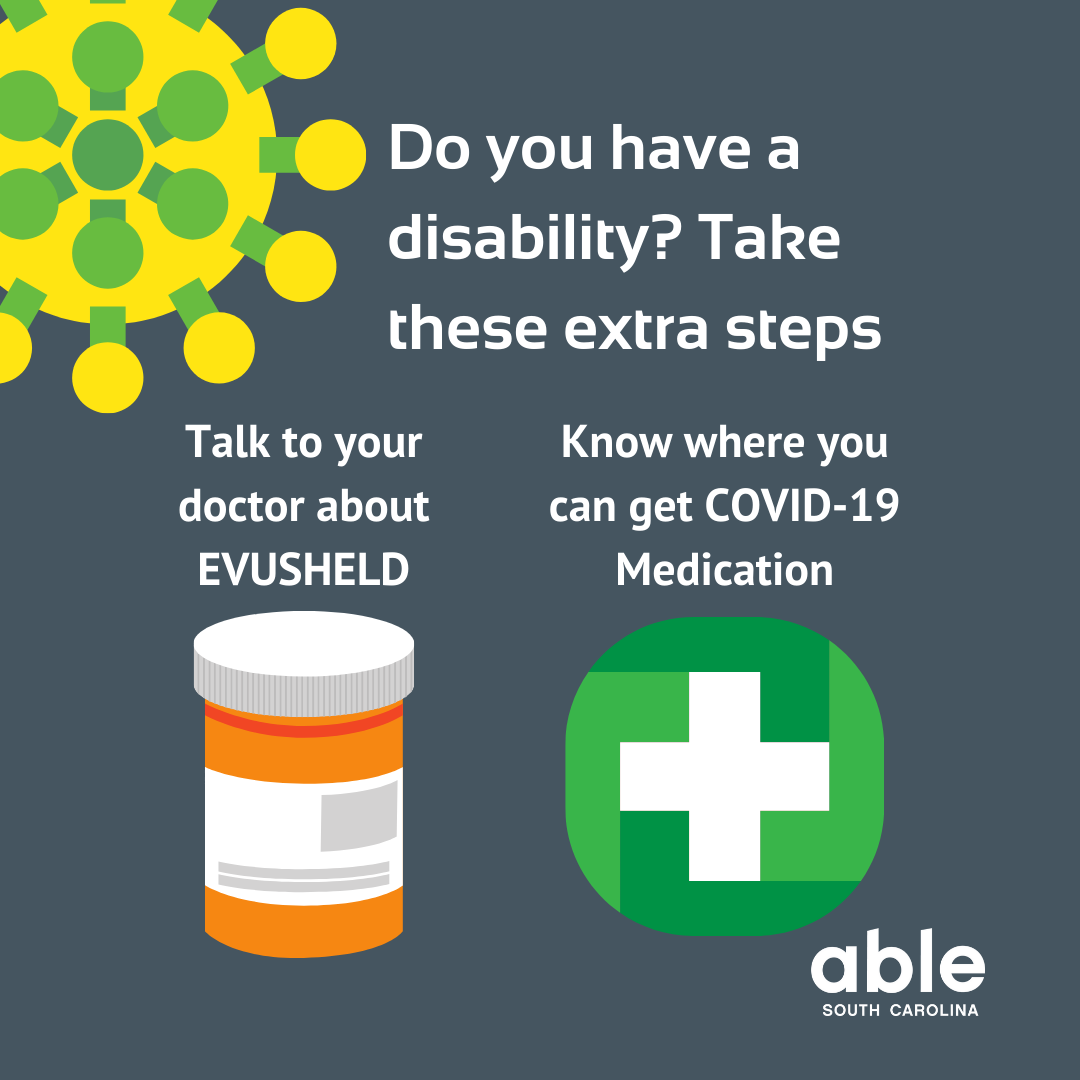 Gray graphic with green virus illustration. Text reads, 'Do you have a disability? Take these extra steps, talk to your doctor about evusheld, know where you can get COVID-19 medication.' Each number is followed by an illustration matching the advice. Able SC logo at base.