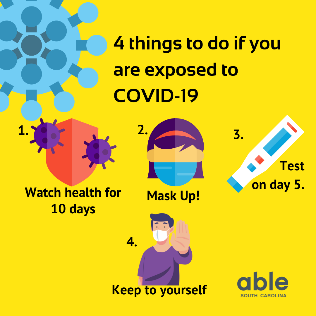Yellow graphic with blue virus illustration. Text reads, '4 things to do if you are exposed to COVID-19, 1, watch health for 10 days, 2, mask up, 3 test on day 5, 4, keep to yourself.' Each number is followed by an illustration matching the advice. Able SC logo at base.