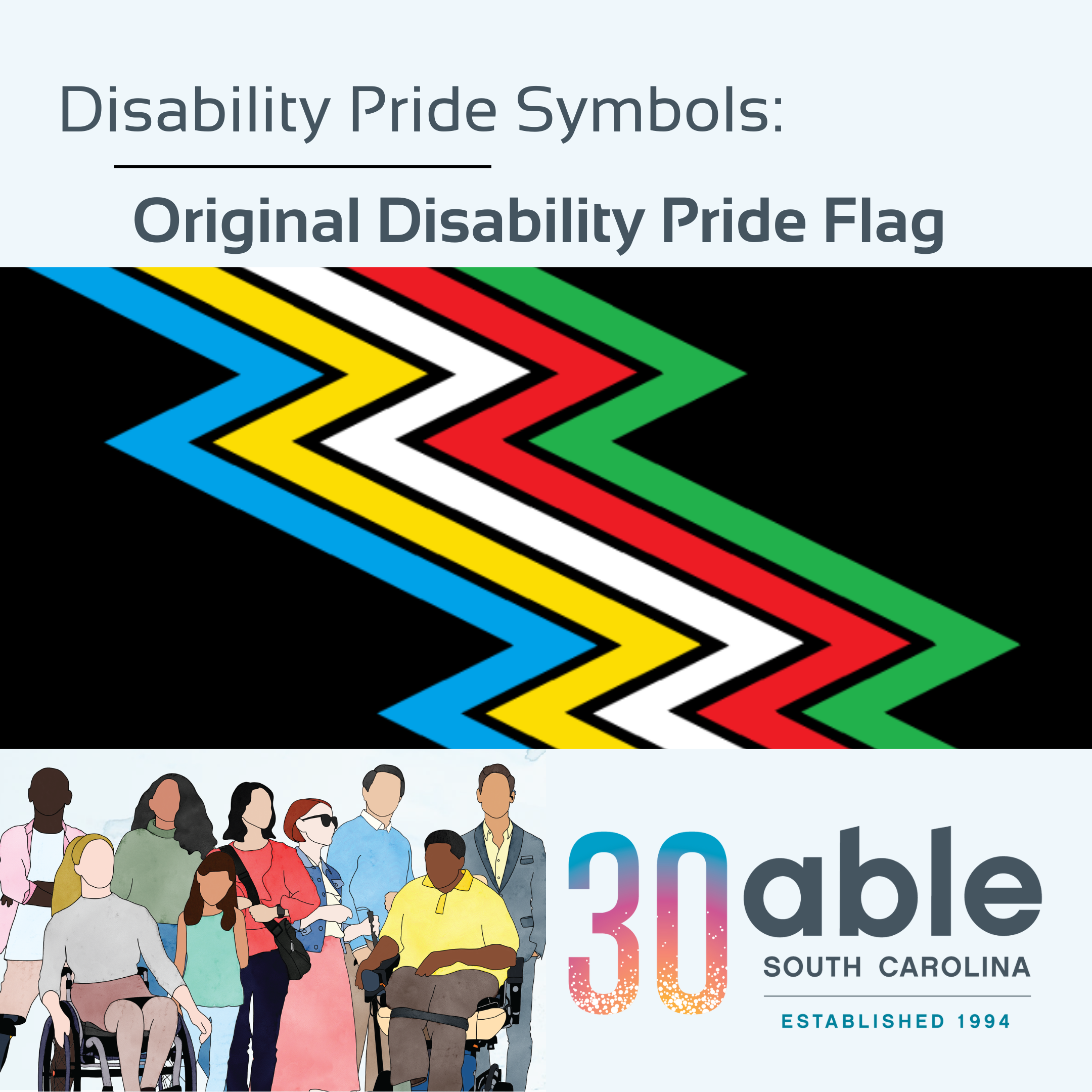 original disability pride flag, with bolder colors, a zig-zag pattern of stripes, and the stripe order across a dark black background as follows- blue, yellow, white, red, green.