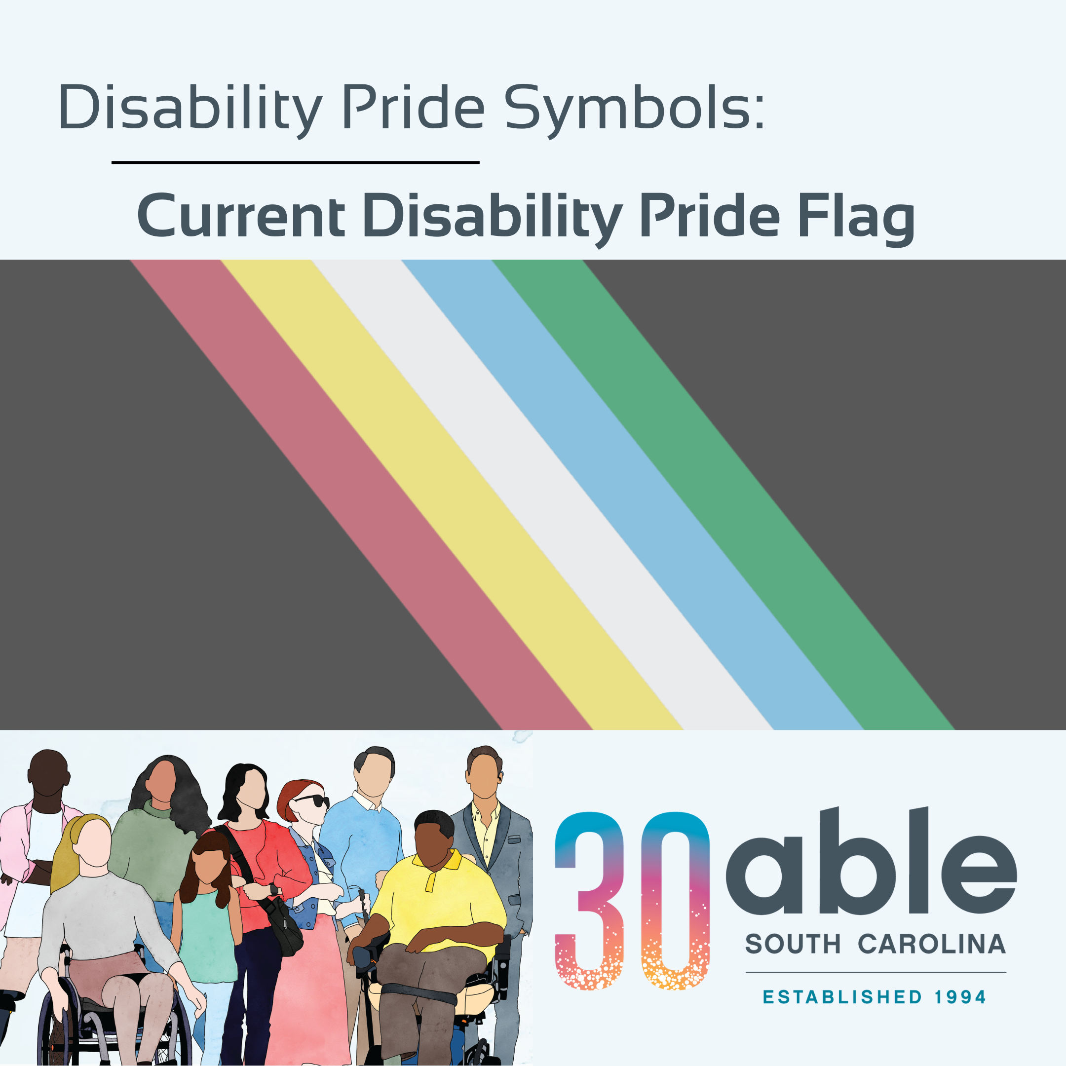 Below each graphic is an illustration of people with disabilities diverse in age, gender, race, and disability. Able SC's 30th anniversary logo is to the right. Graphic one shows the current disability pride flag.