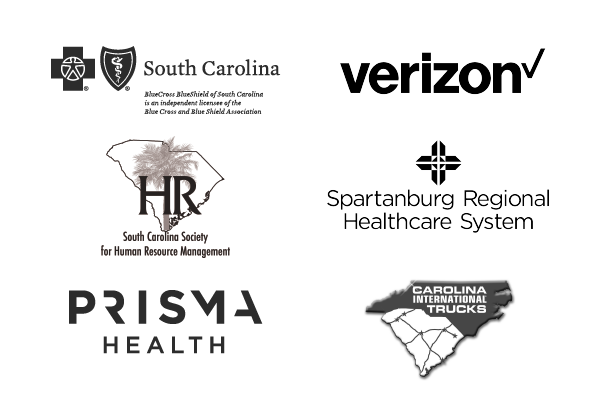 Logos of business partners: BlueCross BlueShield of South Carolina, Verizon, SC Society for Human Resource Management, Spartanburg Regional Healthcare System, Prisma Health, and Carolina International Trucks.