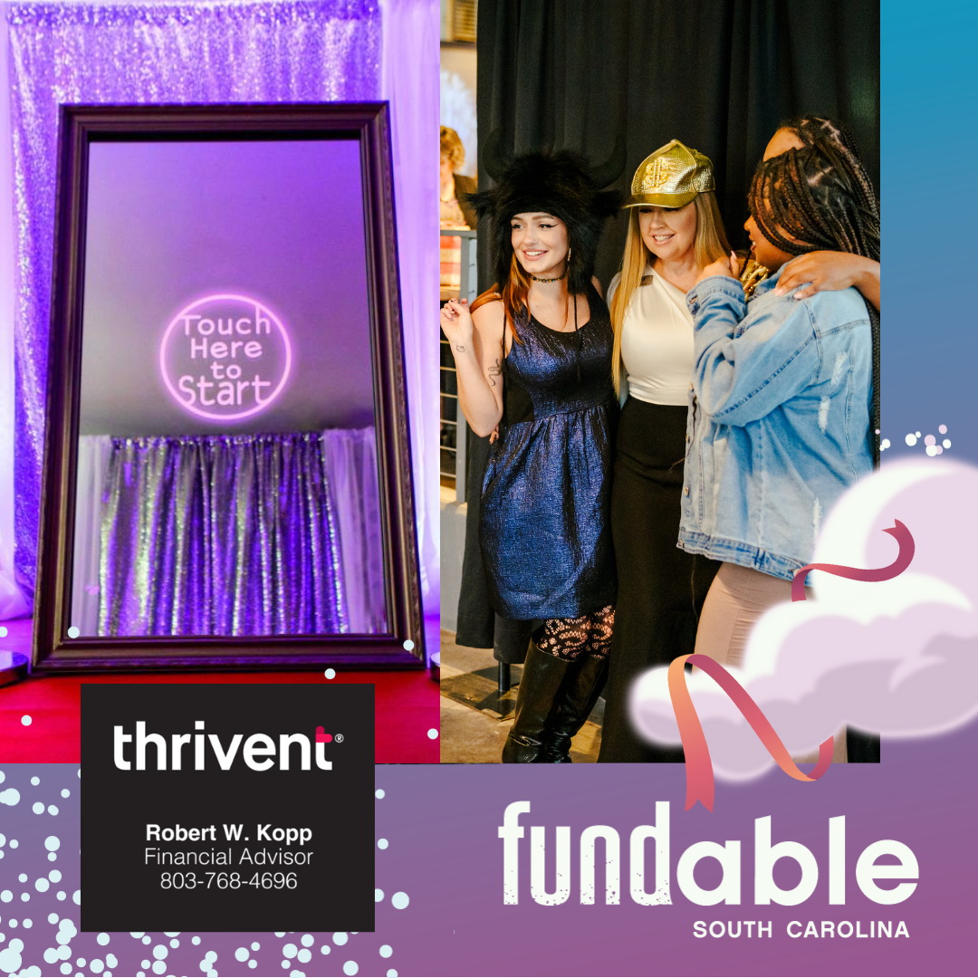 Graphic with a blue and purple gradient background with bubble effect and pink cloud with ribbon framing a split photo of the magic mirror and guests striking a pose at it. At the base text reads, 'Fundable, South Carolina.'