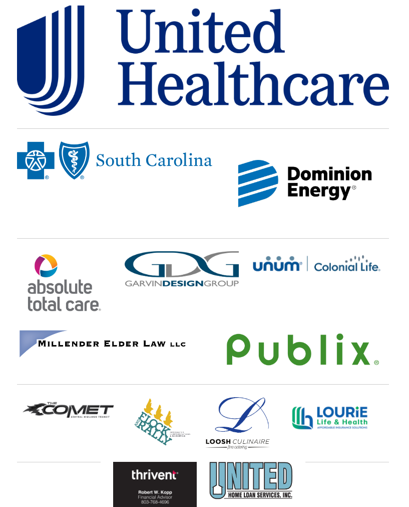 Sponsor logos: United Healthcare, Blue Cross Blue Shield, Dominion Energy, Absolute Total Care, Garvin Design Group, Unum Colonial LIfe, Millender Edler Law, Publix, the Comet, Flock and Rally, Loosh, Lourie Life and Health, Thrivent- Robert Kopp, United Home Loan Services.