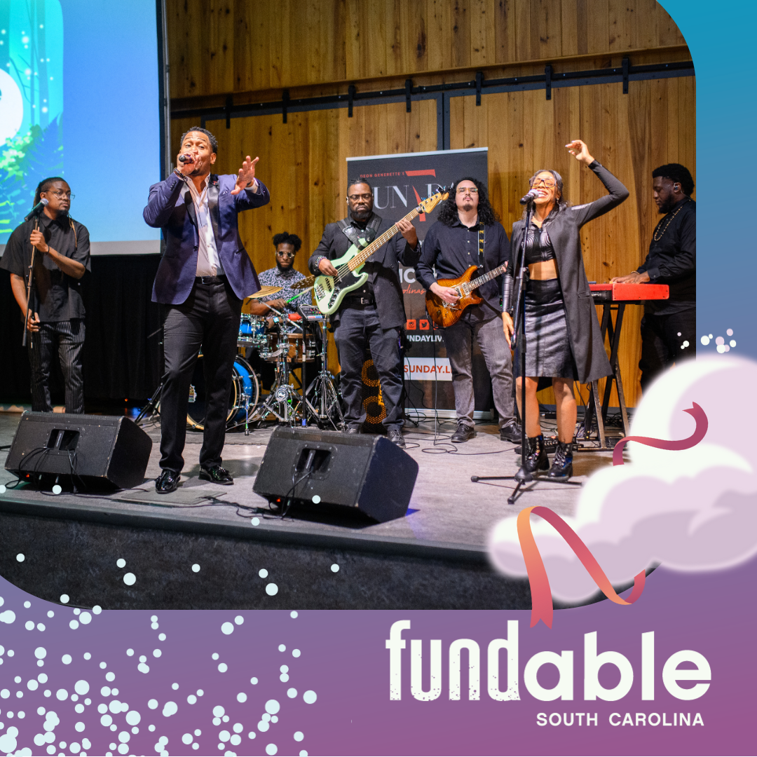 Graphic with a blue and purple gradient background background with bubble effect and pink cloud with ribbon framing a photo of 7Sunday band performing at the 2023 event. At the base text reads, 'Fundable, South Carolina.'