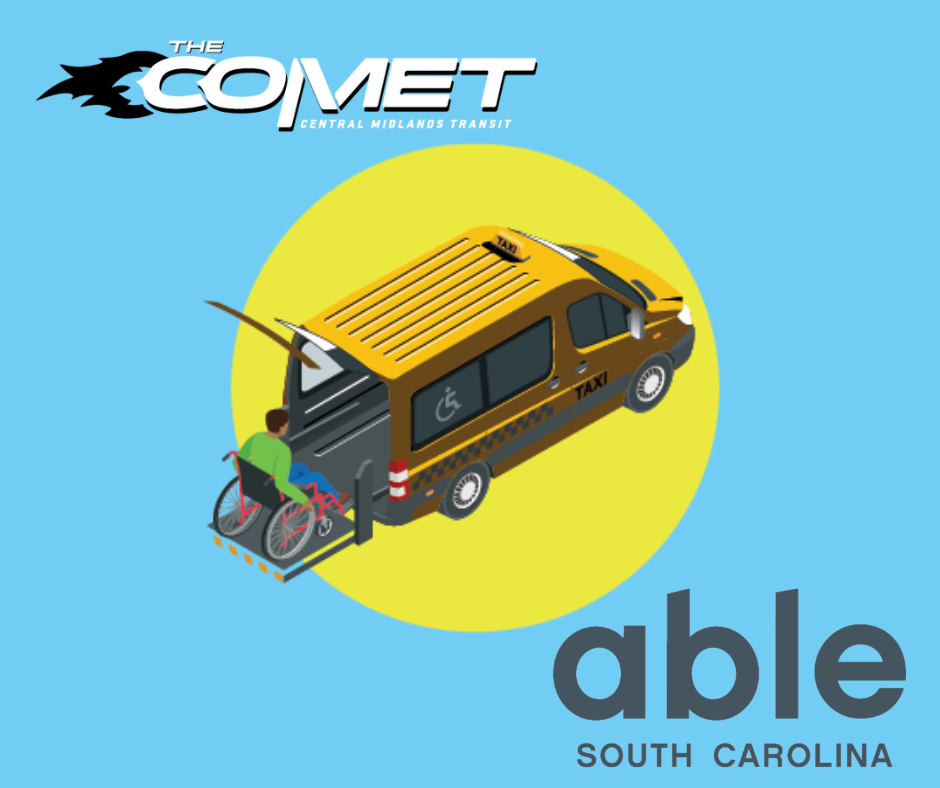 Graphic with light blue background and illustration of wheelchair user getting into taxi using ramp. The COMET and Able SC logos.