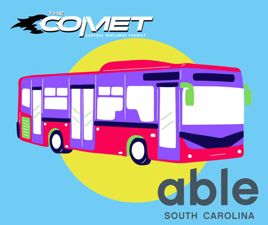 Graphic with light blue background and illustration of city bus in COMET colors. COMET and Able SC logo.