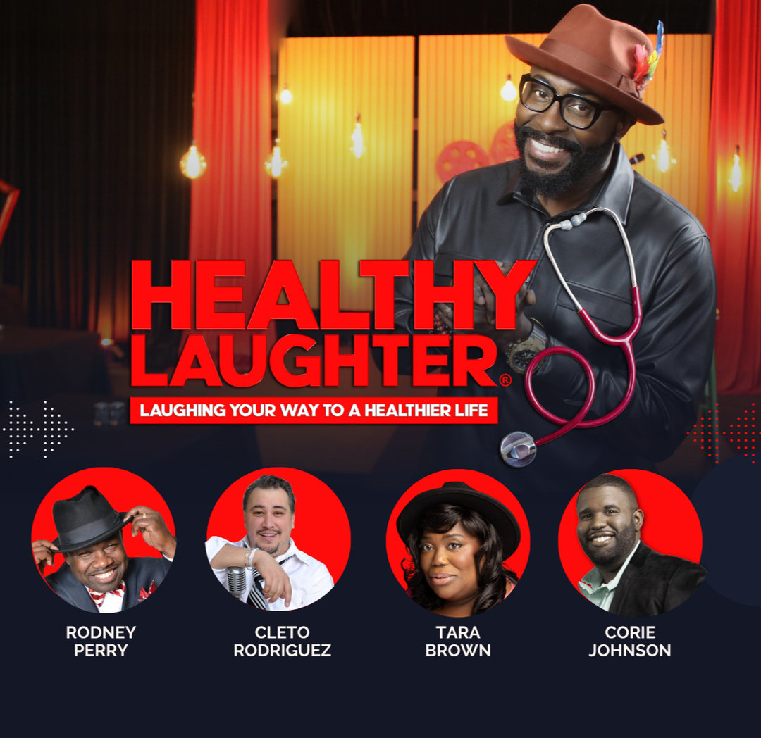 Healthy Laughter logo in red with photos of the comedians.