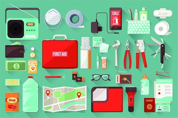 Emergency preparation illustrations of items laid out side by side on a green background. Includes radio, first aid kit, glasses, tools, medicines, maps, water, and more!