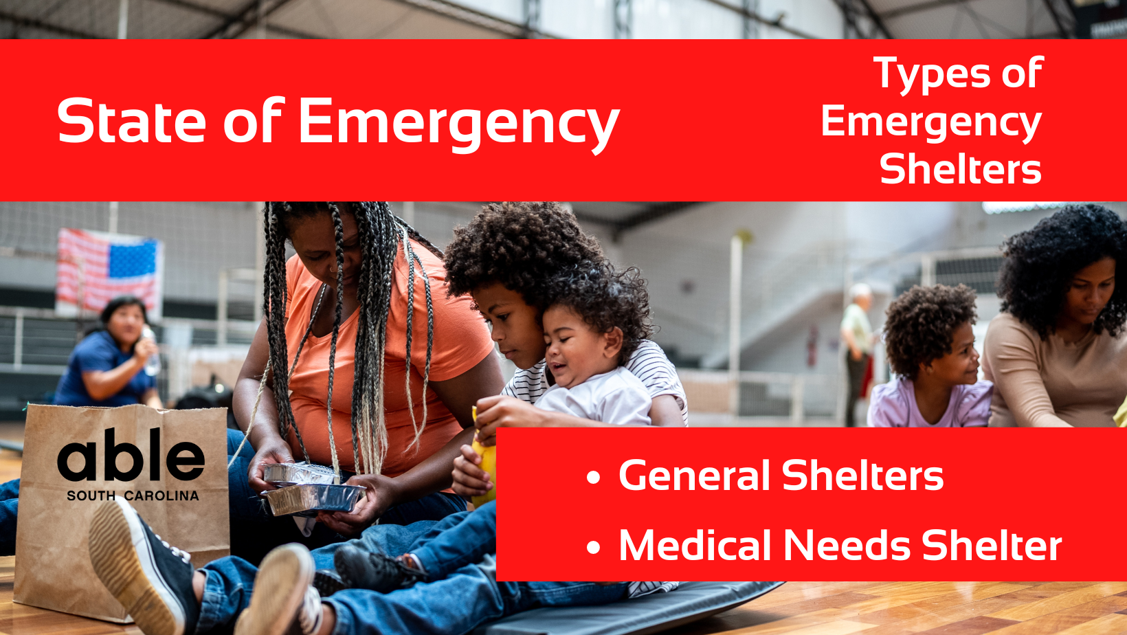 Reads, 'State of Emergency, Types of shelters, general shelters, medical needs shelter.' Able SC logo at base over photo of a Black mother and two children seated on a gym floor eating food from a paper bag.