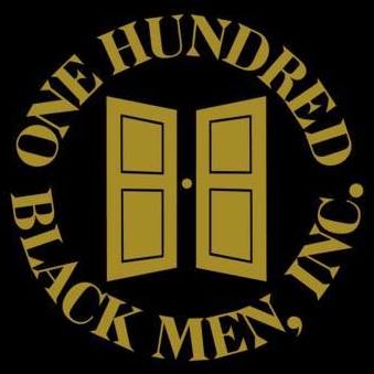Logo for One Hundred Black Men, Inc. Black background with gold lettering, in a circle, surrounding illustration of two gold doors opening to the center.
