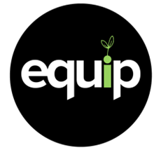 Equip logo. Black circle with equip in white lowercase letters. The i in equip is green with leaves sprouting from it.