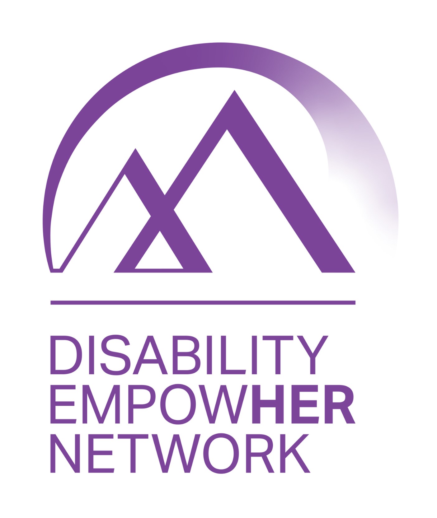 The image is a logo for the ‘Disability EmpowHer Network.’ The logo is designed in shades of purple and features a minimalist line-art graphic with text below it. The graphic consists of a stylized triangle, resembling mountains, enclosed partially within a half-circle. The organization's name is written in bold, all-capital letters underneath the graphic, with the emphasis on ‘HER’.