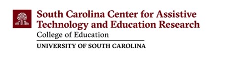 The image showcases the official logo of the South Carolina Center for Assistive Technology and Education Research at the College of Education, University of South Carolina. The logo has a maroon and white color scheme, with the name of the center displayed prominently in bold maroon text. To the left of the text, there is an emblem that includes the University of South Carolina's iconic palmetto tree and gates symbol, reflecting the institution’s identity.