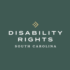 The image is a logo for the Disability Rights South Carolina organization. It features a white text logo in a sans-serif font against a dark green background. The text ‘DISABILITY RIGHTS’ is set in a larger font size and takes up the top two lines of the logo. The 